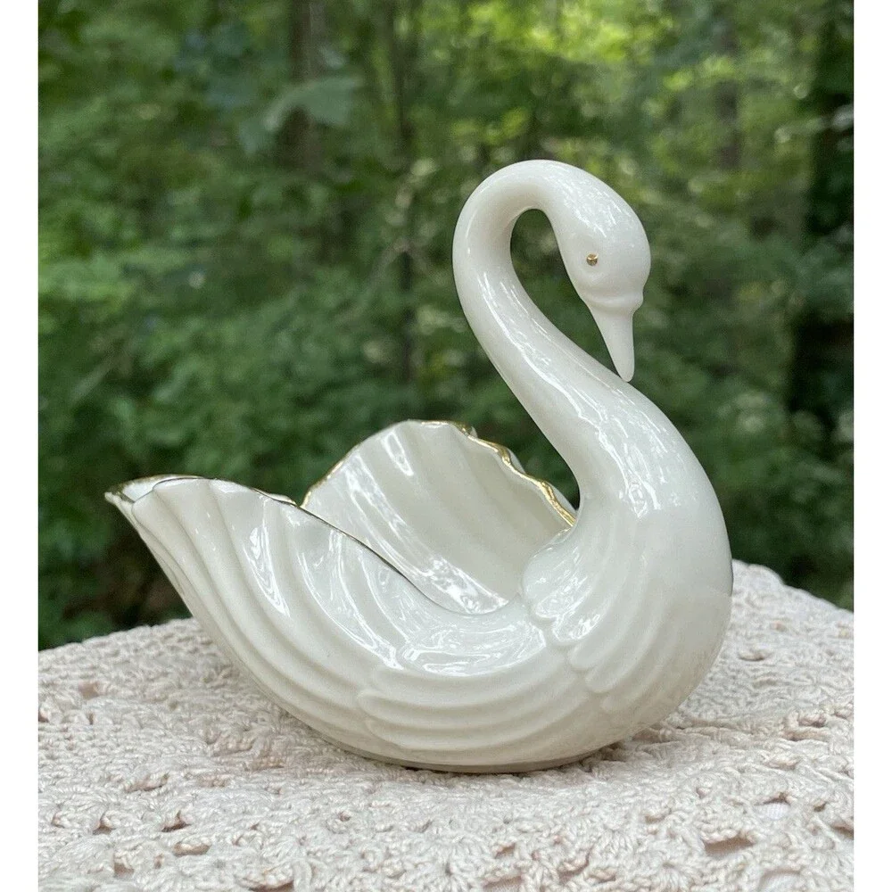 RARE Vtg Lenox 120th Anniversary Swan Trinket Dish 24K Gold trim USA Porcelain